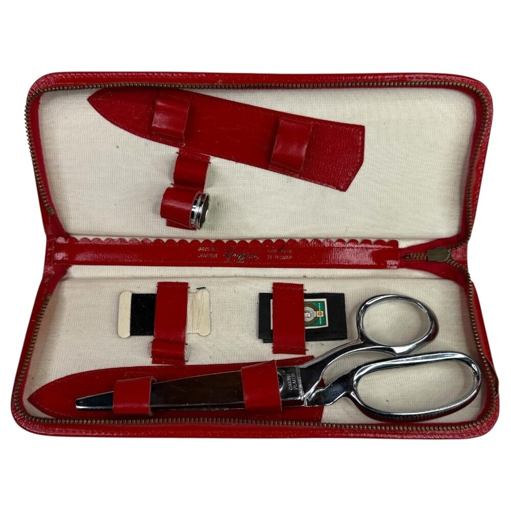 VTG Griffon Pinking Shears Scissors Chrome Plated With Red Leather Case Thimble